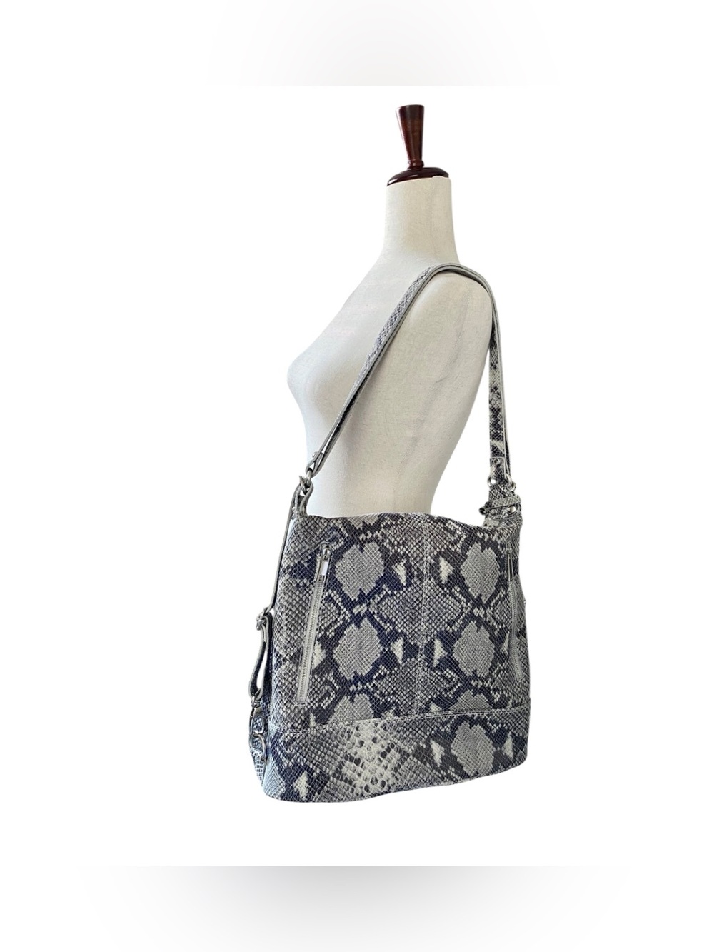 Bevini Modena B290 Italian Caw Leather Python Print Convertible Shoulder Bag